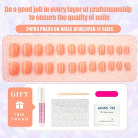 Press on Nails Short Oval Peach Pink Fake Nails Glossy False Nails Full Cover Acrylic Nail with Glue Artificial Nails with Stick On Nails for Women - 24pcs