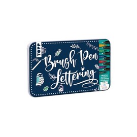 TOPP Brush Pen Lettering Design Tin (19 x 11.5 cm), 6 Brush Pens with Fineliner Tip in Red, Yellow, Green, Purple, Blue, Black, 5 Design Papers, 2 Transfer Sticker Sheets