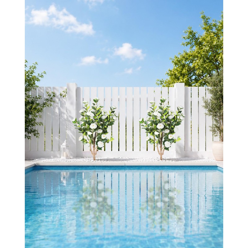 47 inch 2 Pack Artificial White Camellia Trees with Ground