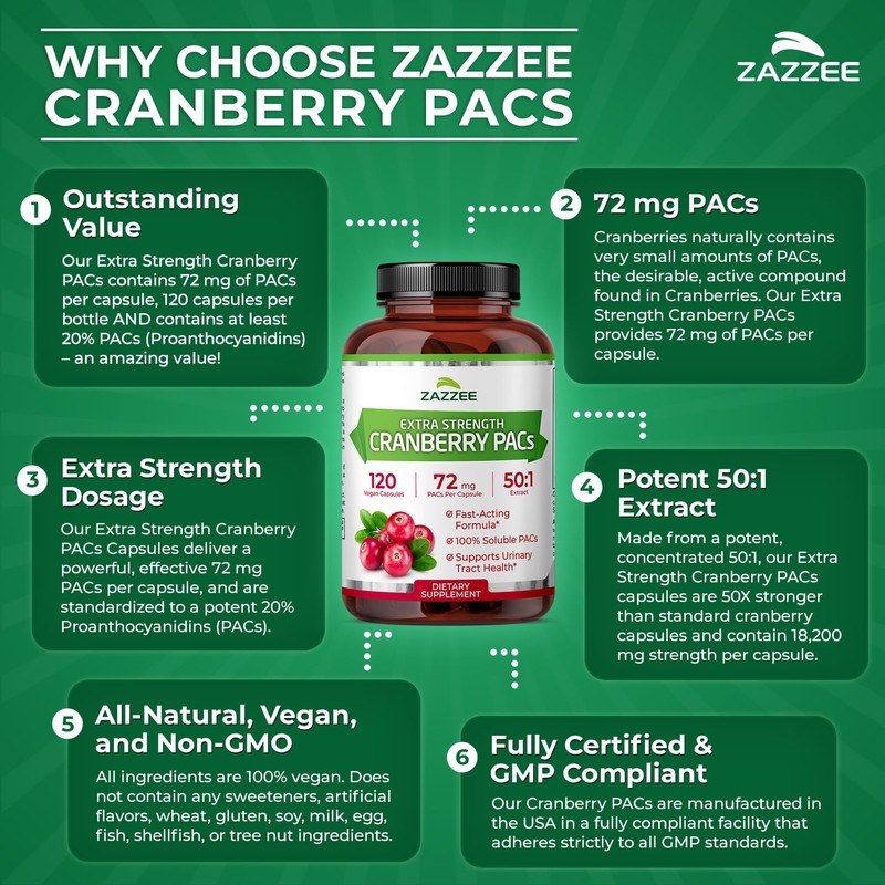 Zazzee Cranberry PACs, 72 mg PACs per Capsule, 2X Strength,