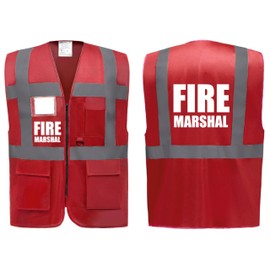 Brook Hi Vis UK Big Logo Fire Marshal Red Zipped Hi Vis Vest - High Visibility Safety Waistcoat Pockets Reflective Bands, Company Compliance and Event Staff, Alpha, L, Regular, Regular, Red