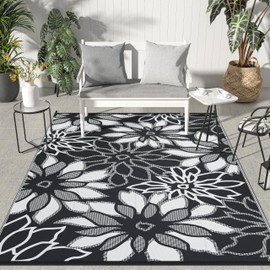 GENIMO Outdoor Rug Waterproof for Patios Clearance, 5' x 8' Reversible Plastic Straw Floral Camping Carpet, Large Area Rugs Mats for RV, Camper, Deck, Balcony, Porch, Beach, Picnic, Black & White