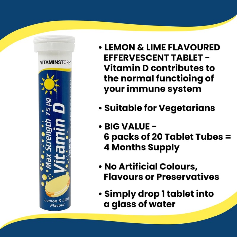 Vitamin Store Vitamin D Effervescent Tablets, Max Strength 75ug, Lemon