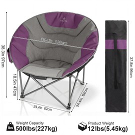 Oversized Camping Moon Chairs,Folding Round Padded Sofa Chair for Adults,Outdoor Lawn Chairs w/Side Pocket,Perfect for Indoor,Family Camping,Picnics and Garden,Purple&Grey