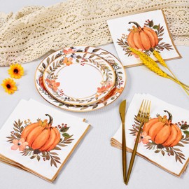 Homlouue 200Pcs Thanksgiving Paper Plates and Napkins, Fall Plates and Napkins, Pumpkin Flower Wreath Plate, Watercolor Disposable Party Supplies for Thanksgiving Autumn Harvest Table Decor, 50 Guests
