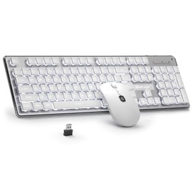 BlueFinger Wireless Keyboard and Mouse with Power Display, Blacklit Rechargeable Full Sized Silent Light Up Gaming Keyboard Mouse Combo for Computer, Mac, Laptop, PC (White)