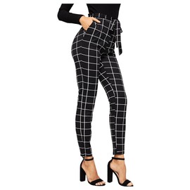 WDIRARA Women's Stretchy Plaid Print Pants Soft Skinny Regular Fashion Leggings Black XL