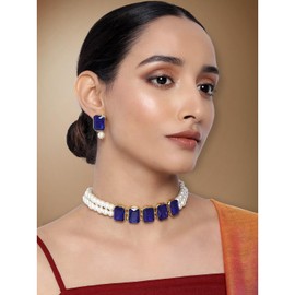 Aheli Ethnic Faux Kundan Choker Necklace Indian Traditional Bollywood Jewelry Set with Earrings Gift for Women Blue