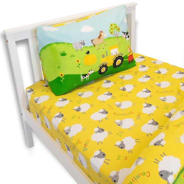 Happy Linen Company Girls Boys Kids Farm Animals Counting Sheep Yellow Toddler Cot Bed Fitted Sheet