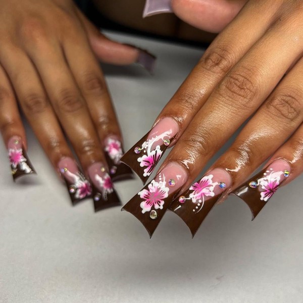 KASOICRA French Tip Press On Nails Duck Flower Rhinestone Design