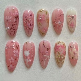 Press on Nails Short Almond LINMEIZAI Fake Nails Press ons Nail Tips Glue on Nails Full Cover Acrylic Nail Kit Supplies False Nails Stickers 3D Nail Art with Cat Flower Design for Women Manicure 24Pcs