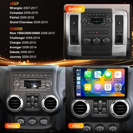 4G+64G Car Radio for Dodge Ram 1500 2500 3500 2009-2012, Jeep Wrangler JK Compass 2007-2018, 10 inch Grand Cherokee Car Stereo Touch Screen Wireless CarPlay Android Auto GPS FM DPS Back Camera WiFi
