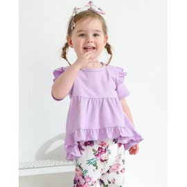 Kucnuzki 18-24 Months Girl Clothing Toddler Girl Clothes Cute Little Girl Outfit Baby Ruffle Shirt Purple Top Floral Pants Set 3Pcs Spring Outfit Baby Clothing