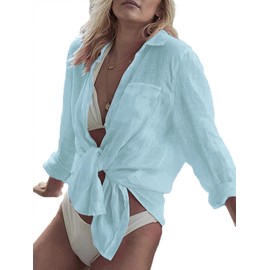 Breezy Lane - Cubierta de playa para mujer, camisa con botones, traje de baño, cubierta de traje de baño, para día festivo, Azul Cian, XXL