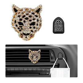 Wevdn 2 PCS Bling Leopard Air Vent Clips, Sparkly Rhinestone Leopard Air Freshener Vent Clips, Car Interior Decoration Diamond Crystal Diffuser Vent Clip for Women, Car Accessories (1 Golden+1 Hook)