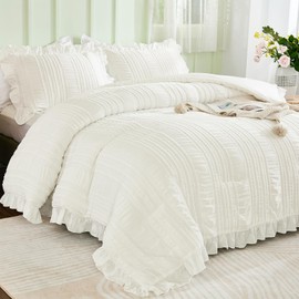 WONGS BEDDING White Comforter Set Queen,3 Pieces Ruffle Farmhouse Shabby Chic Boho Comforter for Queen Bed,Soft Seersucker Textured Bedding Set with 1 Ruffle Comforter,2 Tufted Pillowcases 90"×90"