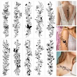 Konsait 10 Sheets Realistic Temporary Tattoos for Women & Girls - Elegant Flowers, Butterfly & Hearts Fake Tattoos for Parties, Makeup, Festivals, Face & Body Art