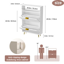 Urban Deco Shoe Storage Cabinet for Entryway, Wooden Organizer Shoe Cabinet with 2 Flip Drawers, Elegant 2 Tier Freestanding Shoe Organizer (White)