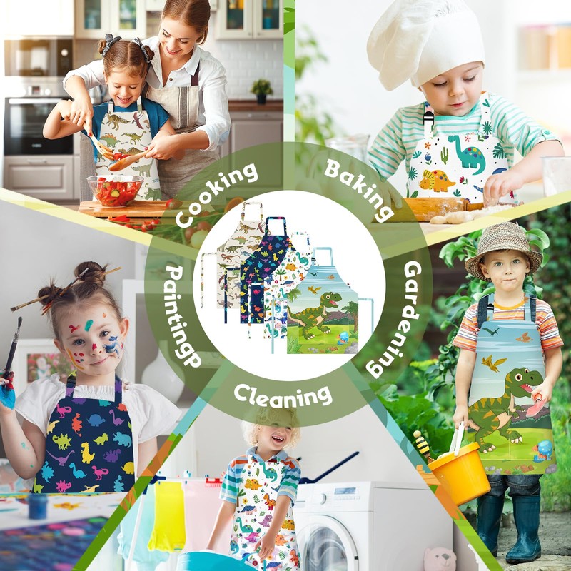 PLULON 4 Pack Kids Apron Boys Dinosaur Apron with Pockets