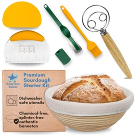 American Select 7Pcs Premium Sourdough Starter Kit with EZ Clean, Sourdough Bread Making Kit with 9" Sourdough Banneton Basket, Danish whisk, Scraper, Scorer & brush, Sourdough Bread Baking Supplies