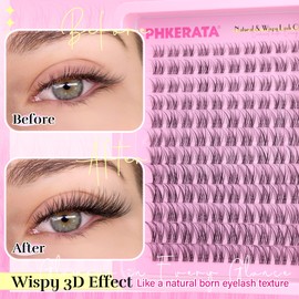 PHKERATA Invisible Band Lash Clusters Kit Wispy Lash Extension Kit Natural Eyelash Clusters C Curl DIY Cluster Eyelash Extension Kit Individual Lashes with Lash Glue Bond and Seal Tweezers, 8-16 mm