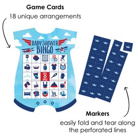 Big Dot of Happiness Taking Flight - Airplane - Picture Bingo Cards and Markers - Vintage Plane Baby Shower Shaped Bingo Game - Set of 18
