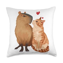 Capybara And Domestic Longhair Cat With Love Throw Pillow