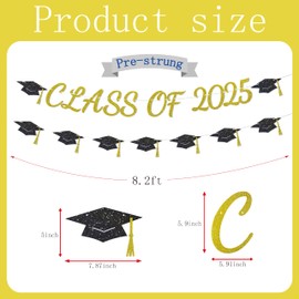 Class of 2025 Banner, 2025 Congrats Grad Decorations,we are so proud of you Decor,Gold Glitter Letters with Black Graduation Cap Banner(Pre-strung) (Gold Black)