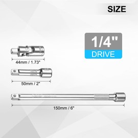 sourcing map 1/4" Drive Socket Extension Set 2" 6" Ratchet Wrench Extension Bar Set Chrome Vanadium Steel Square Drive Socket Set with 1/4" Drive Universal Joint Socket Silver 3-Piece Set