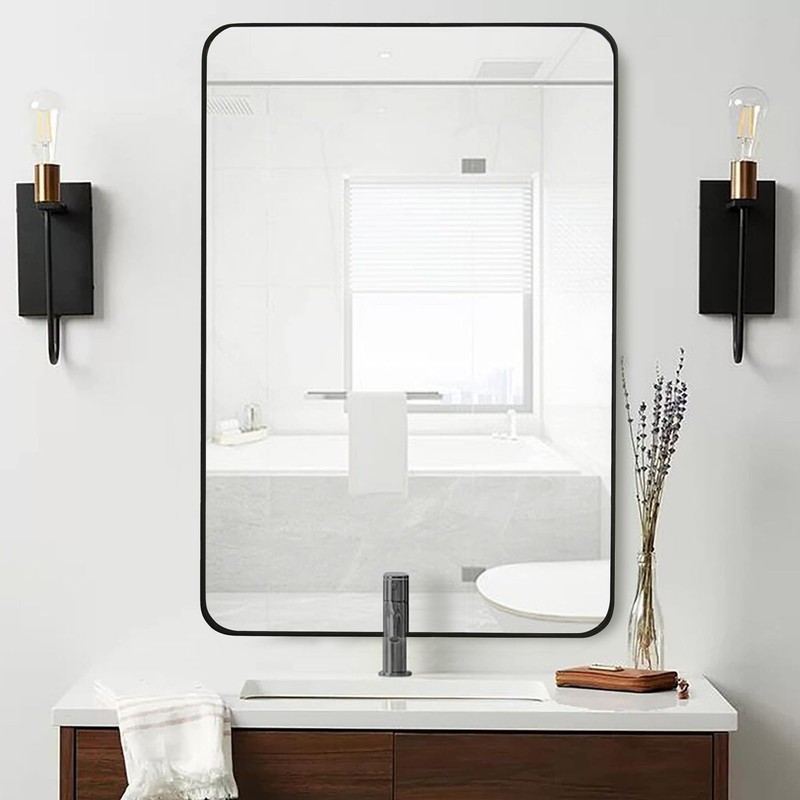 DUQIMO 24x36 Inch Black Framed Mirror for Bathroom, Rounded Rectangle