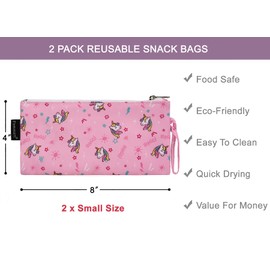 Reusable Sandwich Bag / Snack Bag for Kids, Dual Layer Lunch Bag with Handle, Washable, Food Safe, BPA Free (2-Pack, Unicorn )