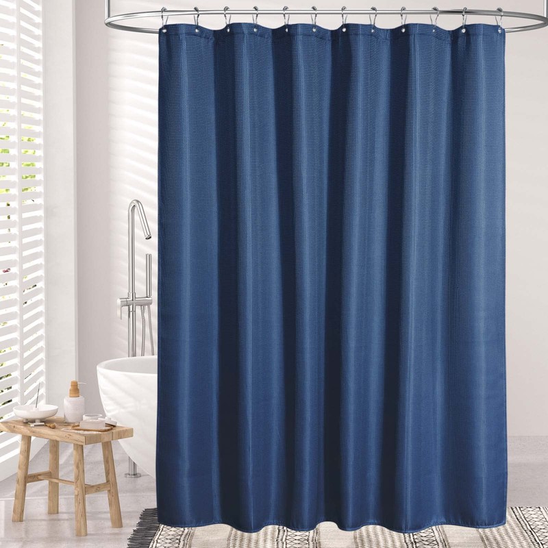 AmazerBath Waffle Shower Curtain, Navy Blue Fabric Shower Curtain with
