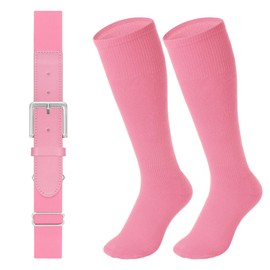 LEACOOLKEY Baseball Belt and Socks Combo Set Softball Socks and Elastic Belt for Youth Boys Girls Light Pink