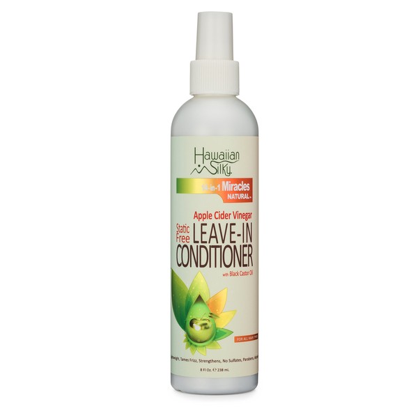 Hawaiian Silky Static-Free Apple Cider Vinegar Leave-in Conditioner, 8 fl oz - Black Castor Oil Extract for Hair Growth - Natural Treatment Men, Women & Kids - Good on Color Treated Scalp