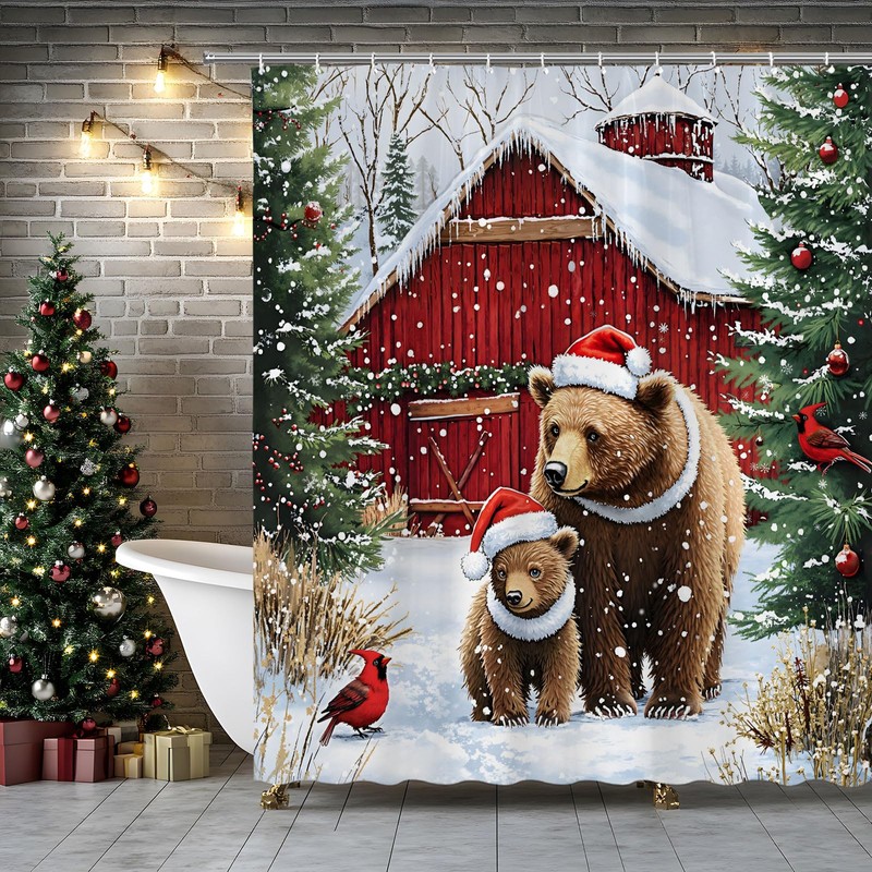 Winter Christmas Bear Shower Curtain, Rustic Cabin Wildlife, 70 x