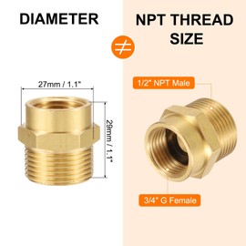uxcell Brass Pipe Fitting, 1/2" NPT Female × 3/4" G Male Brass Hex Nipple Pipe Fitting Adapter, 1/2" to 3/4" Female Pipe Fitting Adapter with PTFE and Gaskets, Gold Tone