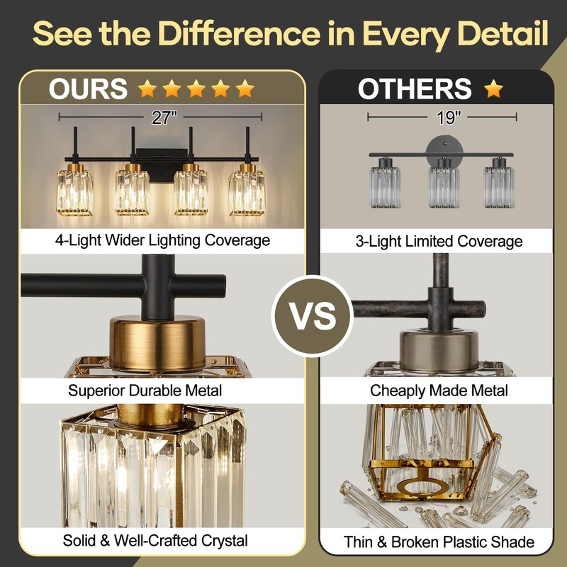 Torondo Modern Crystal Bathroom Vanity Light 4-Lights Gold Bathroom Light
