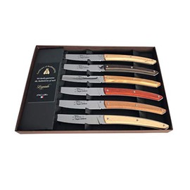 Laguiole Le Theirs Premium Straight Edge Sharp Full Tang Stainless Steel 6-Piece Steak Knife Set, Mixed Wood Handles by Roger Orfevre