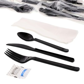 AmerCareRoyal 6-in-1 Disposable Silverware Heavy Weight Plastic Utensil Set with Teaspoon, Fork, Knife, Salt & Pepper Packets, 13x17 Napkin - Individually Wrapped Cutlery Meal Kit, Black, Case of 250