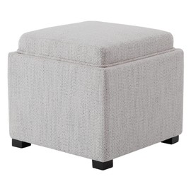 CHITA Storage Ottoman Cube with Tray Lid, Small Footstool with Storage, Square End Table for Living Room and Bedroom, Fabric in Ivory