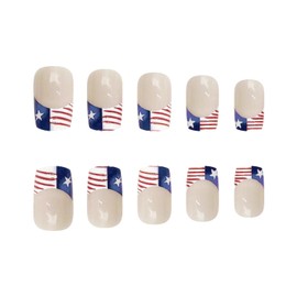 4th of July Press on Nails Short Square Fake Nails Independence Day False Nails American Flag French Tip Glue on Nails Design Patriotic Parade Party Decoration for Women Girls