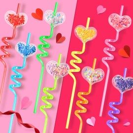 24 Glitter Valentines Day Party Favors Classroom Party Favors Plastic Drinking Straws Goodie Gifts for Kids Valentine's Activity Exchange Prizes Party Supplies with 2 PCS Cleaning Brushes