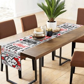 Valentines Day Table Runner 13 x 72 Inch Red Love Linen Table Decoration for Romantic Special Night, Anniversary, Engagement (A)