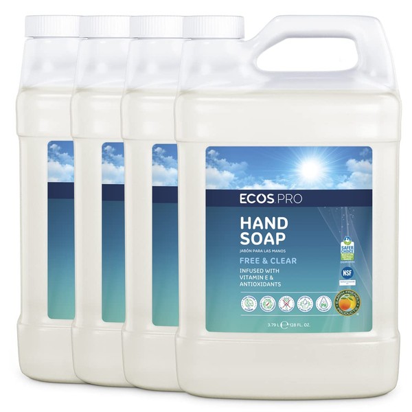 ECOS PRO Hand Soap Refill | Hypoallergenic | Unscented | Readily Biodegradable Formula | With Vitamin E & Antioxidants | Made In The USA | Free and Clear 1 GALLON/ 128 Fl Oz (Pack of 4)
