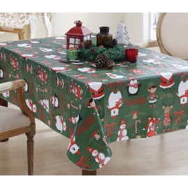 Newbridge Holiday Critters Fun Whimsical Flannel Back Vinyl Christmas Tablecloth - Cute Santa, Snowman, Penguin, Elves, Reindeer Print Xmas Wipe Clean Easy Care Tablecloth, 60” x 84” Oblong/Rectangle