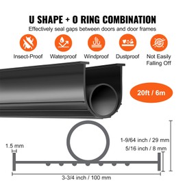 Happybuy 20FT Garage Door Seal Bottom Rubber, U Shape + O Ring Weather Stripping, Threshold Sealing for Weatherproofing, 5/16" T-Ends, 3 3/4" Width, Black