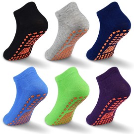 GRPSKCOS Stopper Socks Children's Yoga Trampoline Socks Non-Slip Socks Children 6 Pairs Indoor ABS Socks for Boys Girls 2-13 Years, 01 Black+Grey+Navy+Blue+Green+Dark Purple