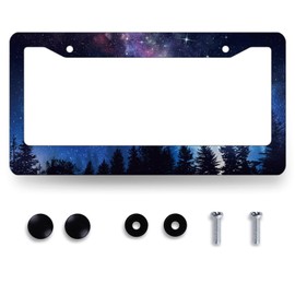 Galaxy Forest License Plate Frame Blue Purple Space Stars License Plate Personalise Colorful Stainless Steel Auto Parts Funny License Plate Beautiful Decoration with Screws 12.3"x6.3"