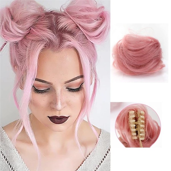 2 x Mini Claw Fake Hair Space Bun Hair Doughnut Chignon Mini Claw Bun Clip in Messy Hair Bun Claw Clip in Updo Bun Extensions Wig Accessory (Pack of 2, Pink)