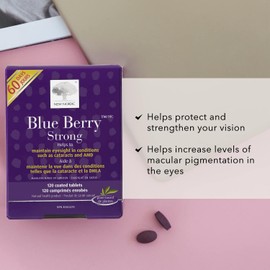 New Nordic Blue Berry Strong - Eye Support Supplement with Bilberry & Lutein - Improves Macular Pigmentation Levels - Non-GMO, Gluten-Free & Dairy-Free - 120 Vegan Tablets